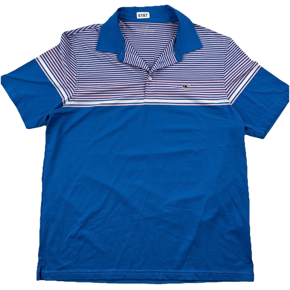 Vineyard Vines Performance Polo Shirt Mens Large Golf Whale Pink Blue Stripes